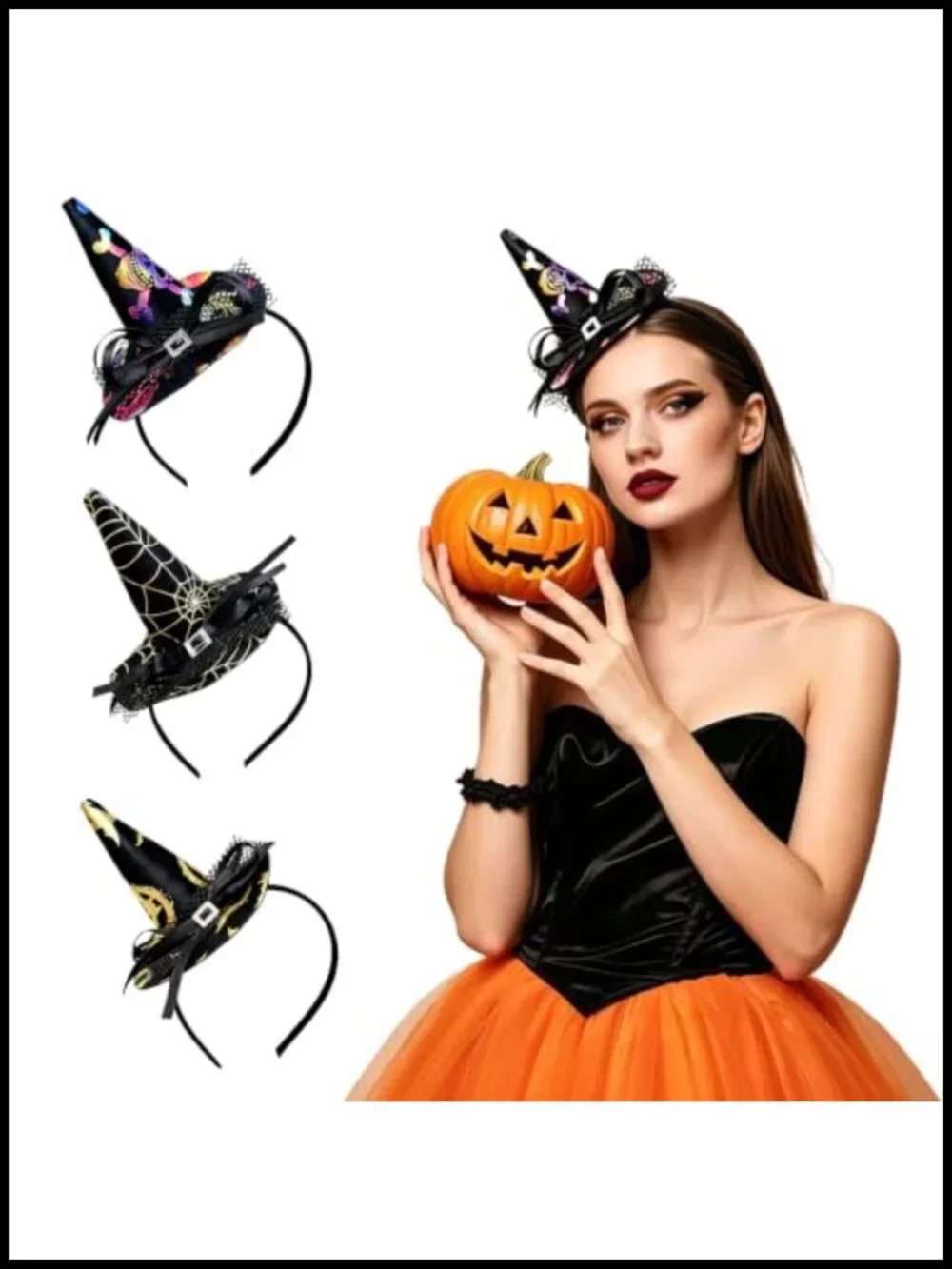 3Pcs Halloween Witch Hat Headbands Bowknot Spider Web Lace Headwear Costume
